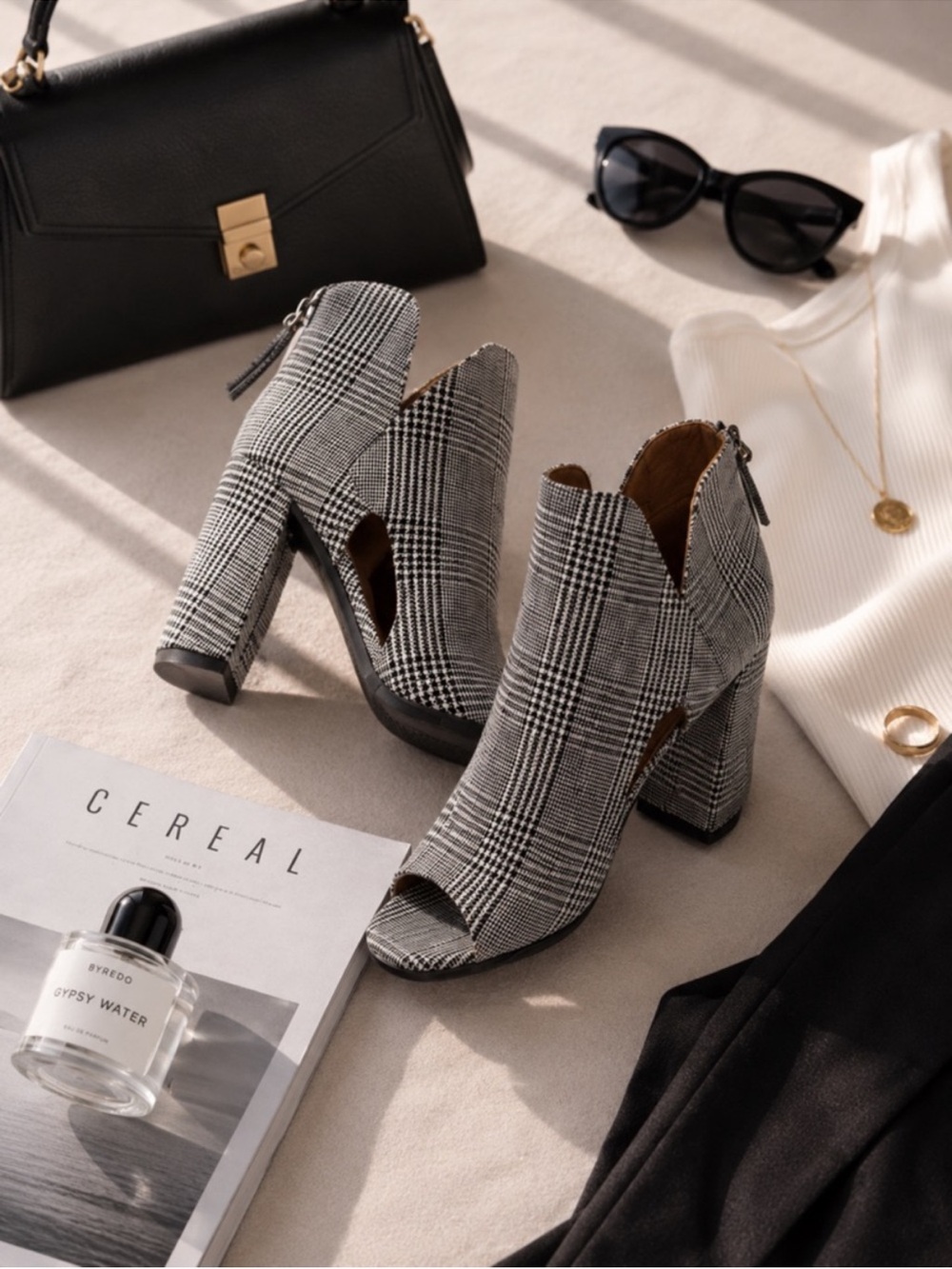 Houndstooth glen plaid black white side cutout peep toe bootie heels boots